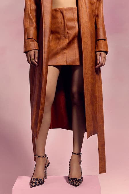 July Issue_Brown Faux Leather Collared Textured Jacket And Skirt Set _Online_at_Aza_Fashions