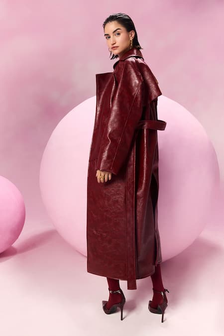 July Issue Maroon , Faux Collared Textured Trench Jacket And Skirt Set Online at Aza Fashions July Issue_Maroon , Faux Collared Textured Trench Jacket And Skirt Set _Online_at_Aza_Fashions