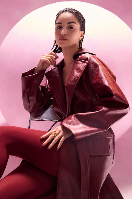 Buy July Issue Maroon , Faux Collared Textured Trench Jacket And Skirt Set Online at Aza Fashions Buy_July Issue_Maroon , Faux Collared Textured Trench Jacket And Skirt Set _Online_at_Aza_Fashions