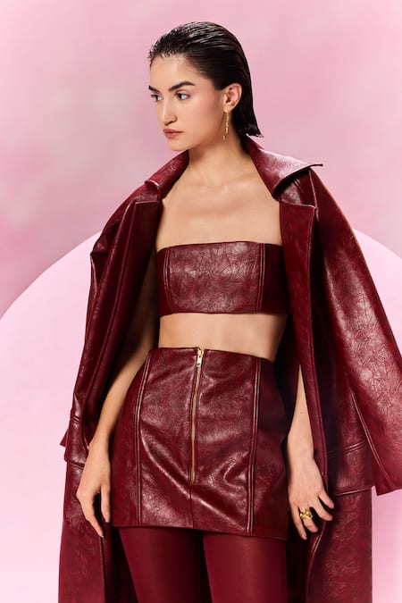 Shop July Issue Maroon , Faux Collared Textured Trench Jacket And Skirt Set Online at Aza Fashions Shop_July Issue_Maroon , Faux Collared Textured Trench Jacket And Skirt Set _Online_at_Aza_Fashions