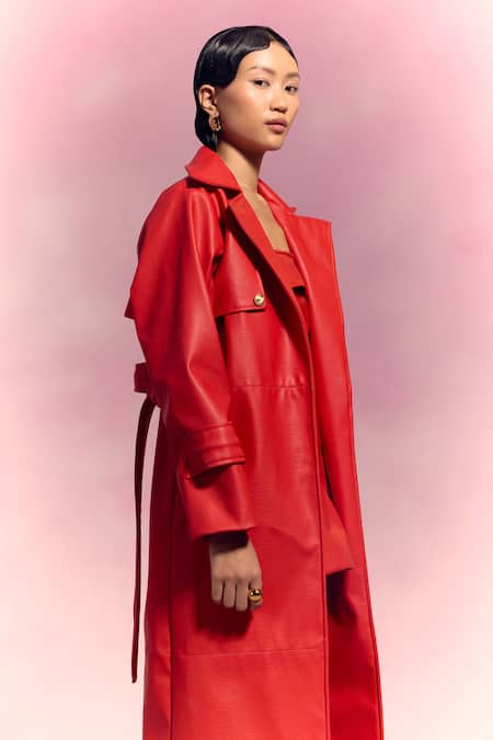 July Issue_Red Faux Leather Off-shoulder, Collared Dress And Trench Jacket Set _Online_at_Aza_Fashions