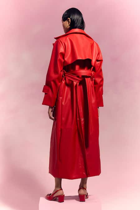 July Issue Red Faux Leather Dress & Trench Jacket Set 