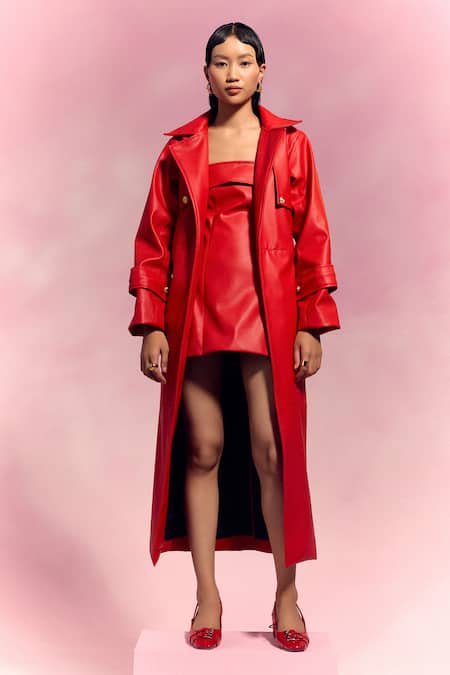 July Issue Red Faux Leather Dress & Trench Jacket Set 
