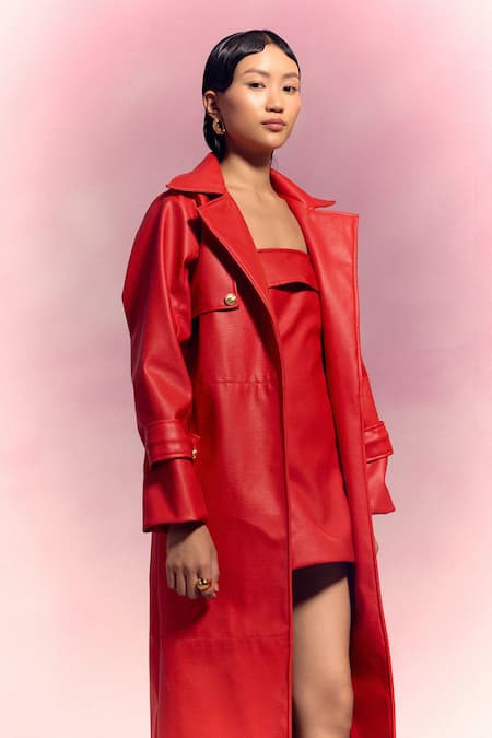 Buy_July Issue_Red Faux Leather Off-shoulder, Collared Dress And Trench Jacket Set _Online_at_Aza_Fashions