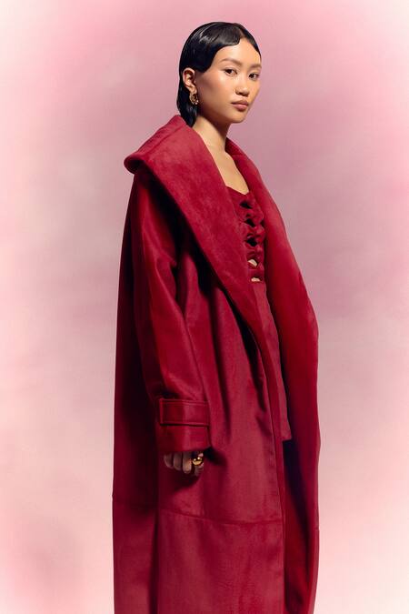 July Issue_Maroon Suede Sweetheart Neck, Collared Dress And Long Trench Jacket _Online_at_Aza_Fashions