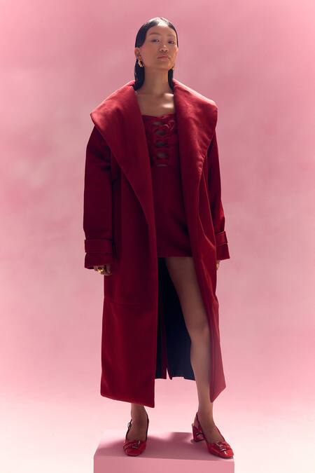 Buy_July Issue_Maroon Suede Sweetheart Neck, Collared Dress And Long Trench Jacket _Online_at_Aza_Fashions