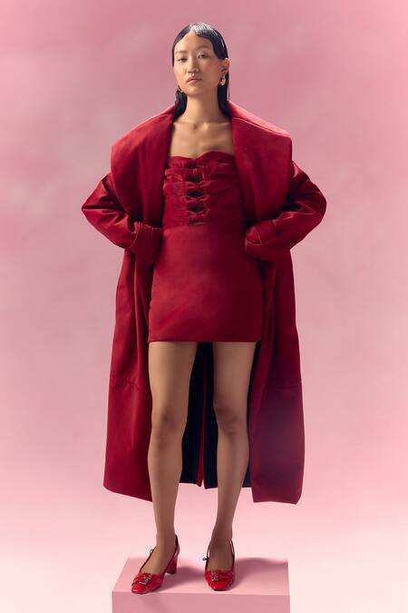 Shop_July Issue_Maroon Suede Sweetheart Neck, Collared Dress And Long Trench Jacket _Online_at_Aza_Fashions
