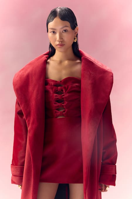 July Issue_Maroon Suede Sweetheart Neck, Collared Dress And Long Trench Jacket _at_Aza_Fashions