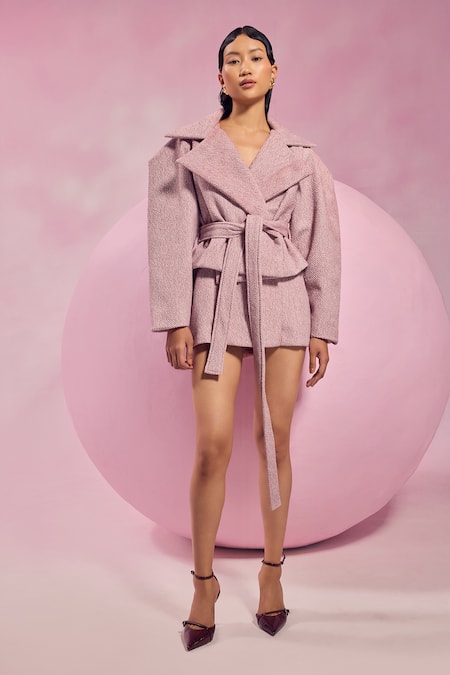 July Issue Pink Wool V-neck Peplum Jacket And Skirt Set