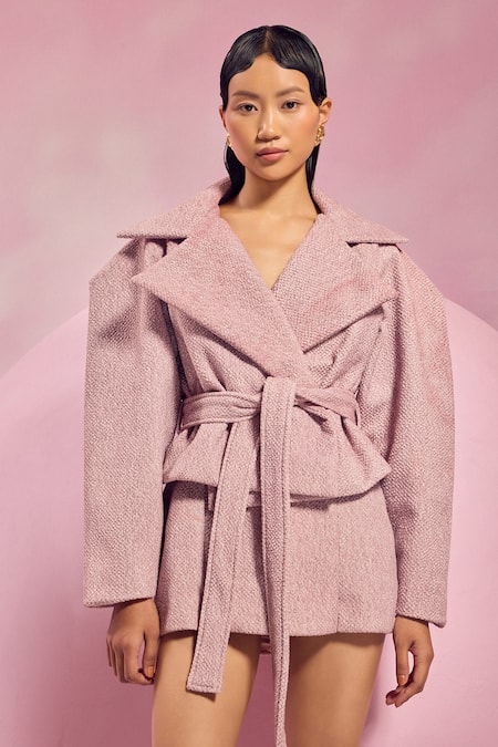 Buy_July Issue_Pink Wool V-neck Peplum Jacket And Skirt Set _Online_at_Aza_Fashions