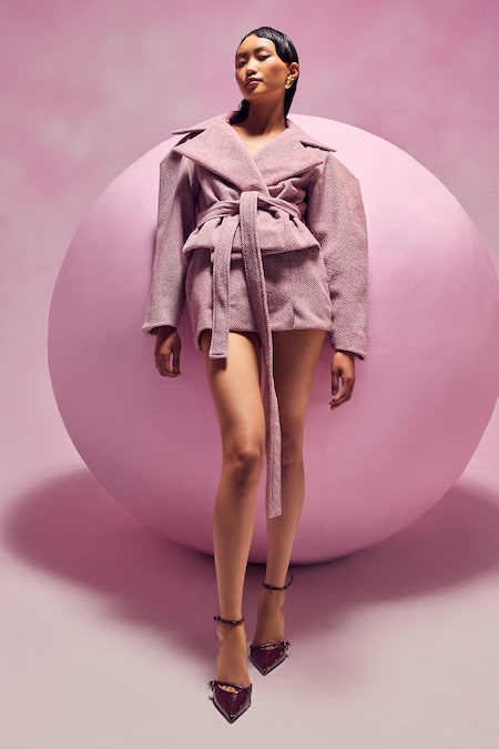 Shop_July Issue_Pink Wool V-neck Peplum Jacket And Skirt Set _Online_at_Aza_Fashions