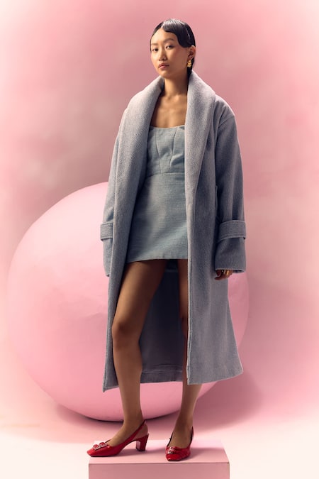 July Issue_Blue Cotton Shawl , Square Powder Jute Jacket And Dress Set _Online_at_Aza_Fashions