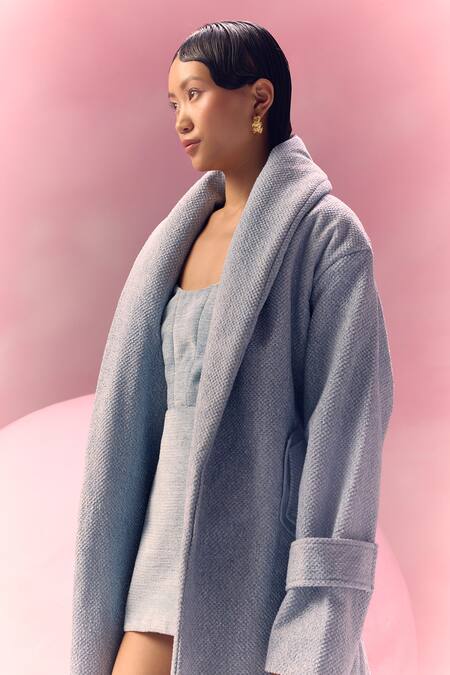 Buy_July Issue_Blue Cotton Shawl , Square Powder Jute Jacket And Dress Set _Online_at_Aza_Fashions