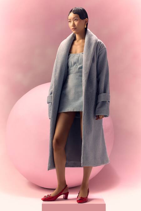 July Issue_Blue Cotton Shawl , Square Powder Jute Jacket And Dress Set _at_Aza_Fashions