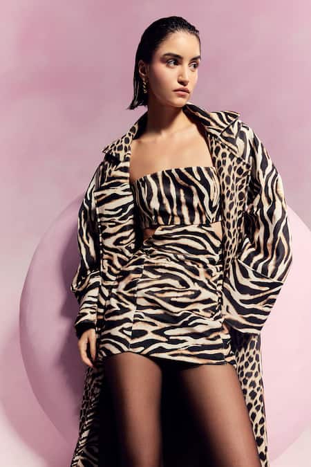 July Issue_Black Suede Collared Tiger Pattern Cutout Dress And Trench Jacket _Online_at_Aza_Fashions