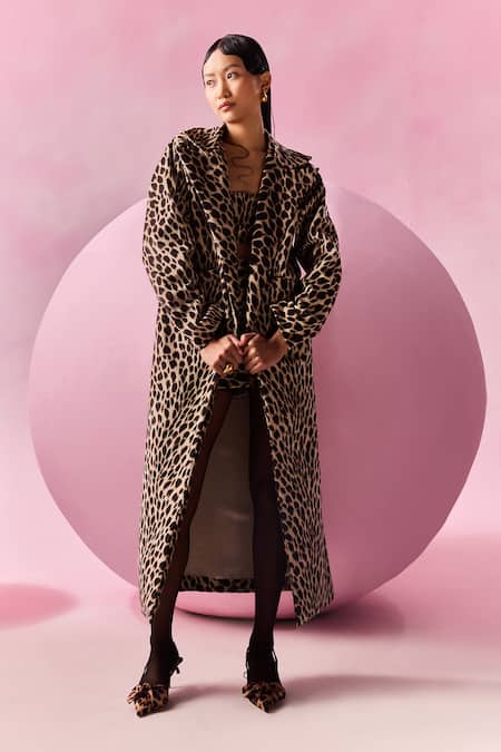 Shop_July Issue_Multi Color Polyester Leopard Print Trench Coat Set _Online_at_Aza_Fashions