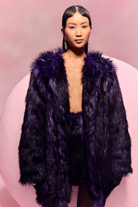 Buy_July Issue_Purple Faux Leather Shawl Neck Fur Jacket _Online_at_Aza_Fashions