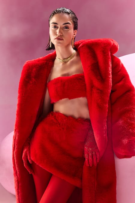 July Issue Red Faux Leather Shawl , Square Fur Jacket And Skirt Set at Aza Fashions July Issue_Red Faux Leather Shawl , Square Fur Jacket And Skirt Set _at_Aza_Fashions