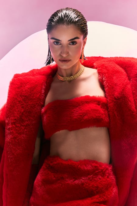 Buy July Issue Red Faux Leather Shawl , Square Fur Jacket And Skirt Set Buy_July Issue_Red Faux Leather Shawl , Square Fur Jacket And Skirt Set