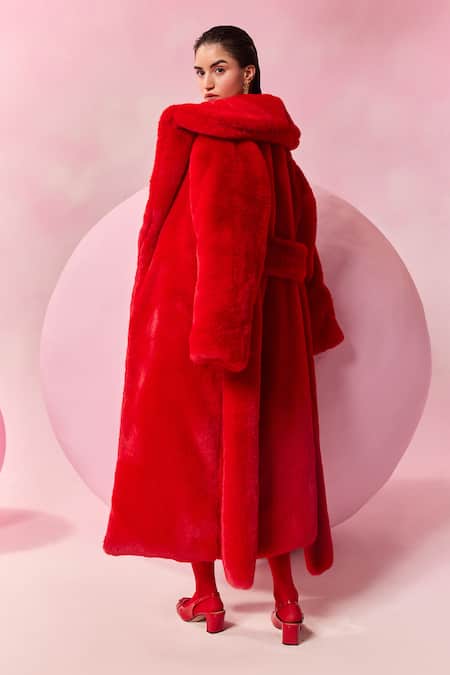 Shop July Issue Red Faux Leather Shawl Neck Fur Long Jacket at Aza Fashions Shop_July Issue_Red Faux Leather Shawl Neck Fur Long Jacket _at_Aza_Fashions