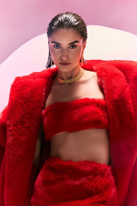 Buy July Issue Red Faux Leather Shawl Neck Fur Long Jacket Online at Aza Fashions Buy_July Issue_Red Faux Leather Shawl Neck Fur Long Jacket _Online_at_Aza_Fashions
