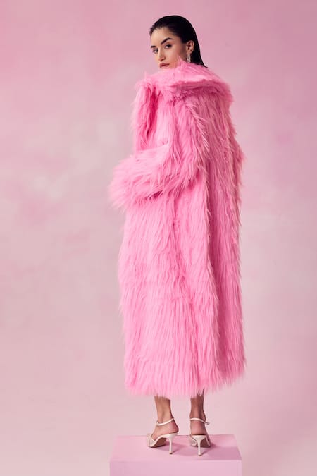 July Issue_Pink Faux Leather Open , Square Fur Ruched Dress And Long Jacket Set _Online_at_Aza_Fashions
