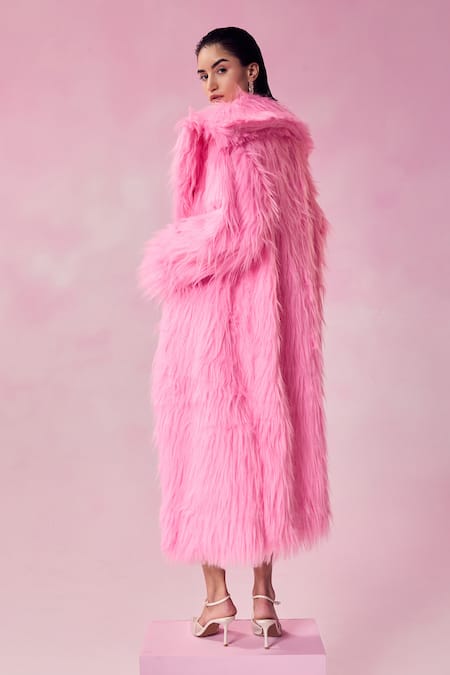 July Issue Pink Faux Leather Shawl Neck Fur Long Jacket Online at Aza Fashions July Issue_Pink Faux Leather Shawl Neck Fur Long Jacket _Online_at_Aza_Fashions