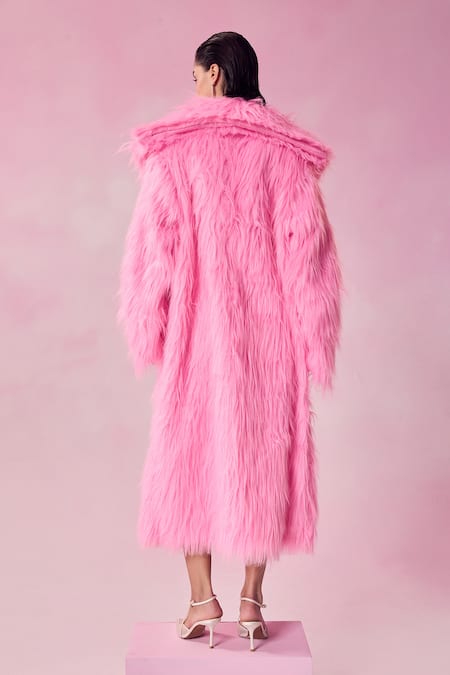 Shop July Issue Pink Faux Leather Shawl Neck Fur Long Jacket at Aza Fashions Shop_July Issue_Pink Faux Leather Shawl Neck Fur Long Jacket _at_Aza_Fashions