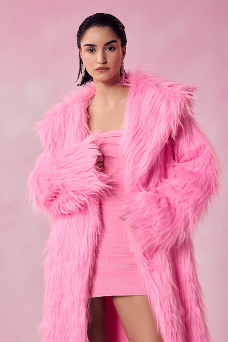 Buy July Issue Pink Faux Leather Shawl Neck Fur Long Jacket Online at Aza Fashions Buy_July Issue_Pink Faux Leather Shawl Neck Fur Long Jacket _Online_at_Aza_Fashions