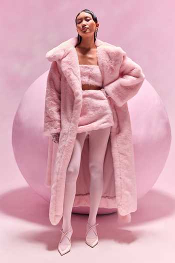 July Issue_Pink Faux Leather Shawl , Bandeau Fur Long Jacket And Skirt Set _Online_at_Aza_Fashions