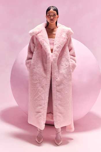 Shop_July Issue_Pink Faux Leather Shawl , Bandeau Fur Long Jacket And Skirt Set _Online_at_Aza_Fashions