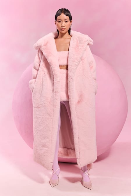 July Issue_Pink Faux Leather Shawl Neck Fur Long Jacket _Online_at_Aza_Fashions