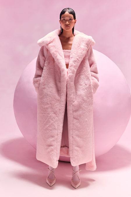 Buy_July Issue_Pink Faux Leather Shawl Neck Fur Long Jacket _Online_at_Aza_Fashions