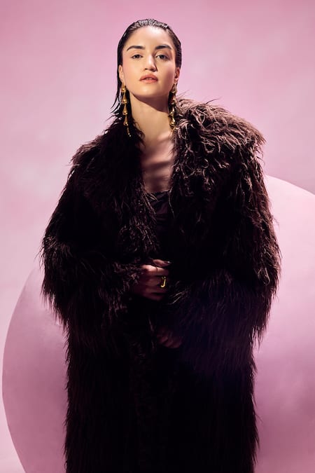 July Issue Brown Faux Leather Shawl Neck Fur Long Jacket Online at Aza Fashions July Issue_Brown Faux Leather Shawl Neck Fur Long Jacket _Online_at_Aza_Fashions