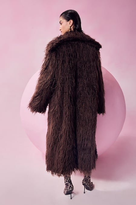 Shop July Issue Brown Faux Leather Shawl Neck Fur Long Jacket at Aza Fashions Shop_July Issue_Brown Faux Leather Shawl Neck Fur Long Jacket _at_Aza_Fashions