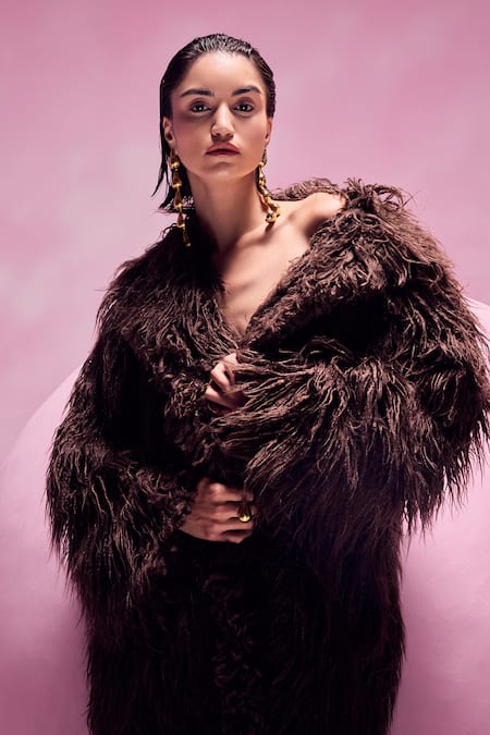 Buy July Issue Brown Faux Leather Shawl Neck Fur Long Jacket Online at Aza Fashions Buy_July Issue_Brown Faux Leather Shawl Neck Fur Long Jacket _Online_at_Aza_Fashions