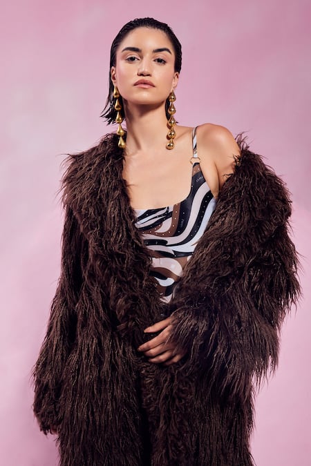 Shop July Issue Brown Faux Leather Shawl Neck Fur Long Jacket Online at Aza Fashions Shop_July Issue_Brown Faux Leather Shawl Neck Fur Long Jacket _Online_at_Aza_Fashions