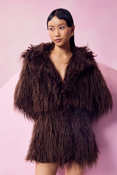 Buy_July Issue_Brown Faux Leather V-neck Fur Crop Jacket And Skirt Set _Online_at_Aza_Fashions
