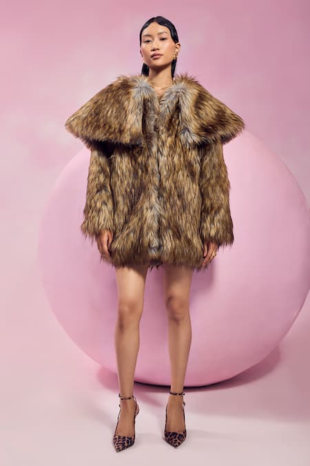 July Issue Brown Faux Leather Fur Peacoat Online at Aza Fashions July Issue_Brown Faux Leather Fur Peacoat _Online_at_Aza_Fashions