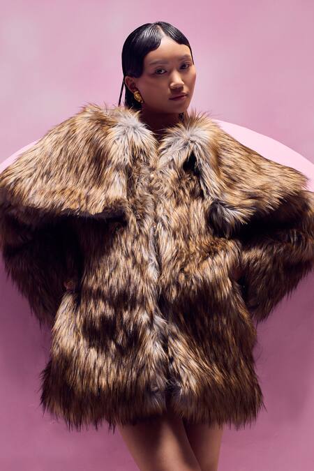 Buy July Issue Brown Faux Leather Fur Peacoat Online at Aza Fashions Buy_July Issue_Brown Faux Leather Fur Peacoat _Online_at_Aza_Fashions