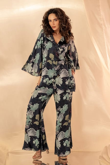 LABEL SHRISTI CHETANI Black Floral Print Wrap Around Pant Set 