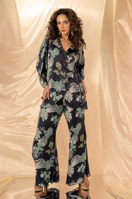 Label Shristi Chetani_Black Bamboo, Satin V-neck Floral Print Wrap Around Pant Set _Online_at_Aza_Fashions