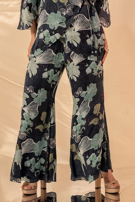 Buy_Label Shristi Chetani_Black Bamboo, Satin V-neck Floral Print Wrap Around Pant Set _Online_at_Aza_Fashions