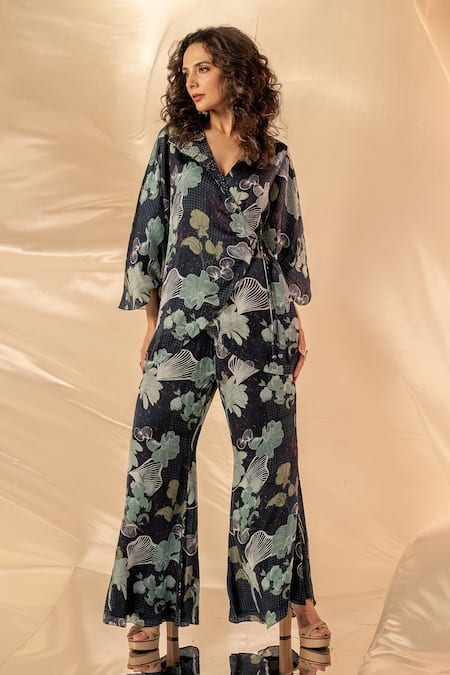 Shop_Label Shristi Chetani_Black Bamboo, Satin V-neck Floral Print Wrap Around Pant Set _Online_at_Aza_Fashions