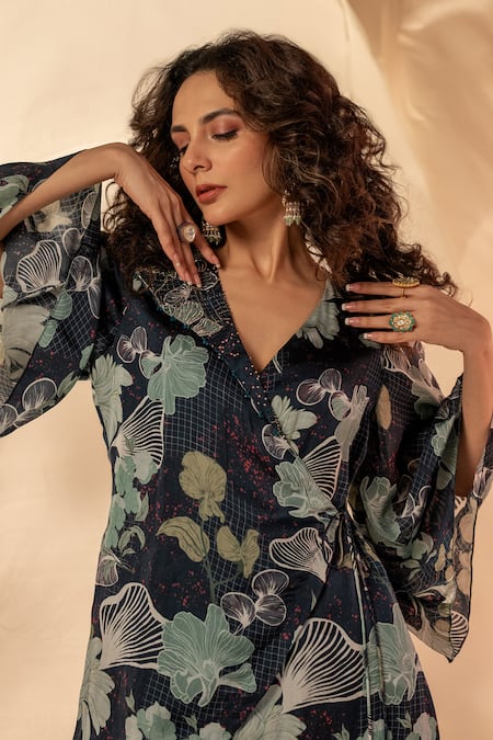 Buy_Label Shristi Chetani_Black Bamboo, Satin V-neck Floral Print Wrap Around Pant Set 