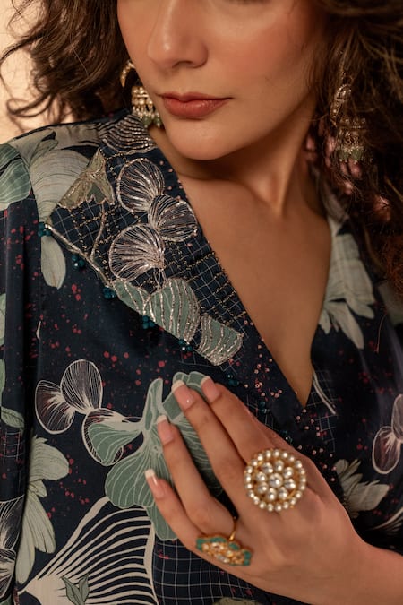 Shop_Label Shristi Chetani_Black Bamboo, Satin V-neck Floral Print Wrap Around Pant Set 