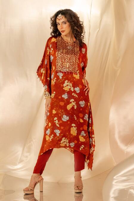 Buy_Label Shristi Chetani_Rust Chiffon, Cotton Embroidery Round Neck Floral Kaftan Kurta Set_Online_at_Aza_Fashions
