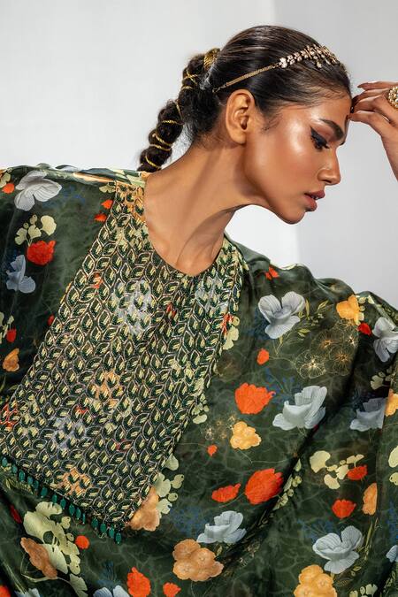 Shop_Label Shristi Chetani_Green Crepe, Satin Embroidery Collared Floral Kaftan And Straight Pants_Online_at_Aza_Fashions