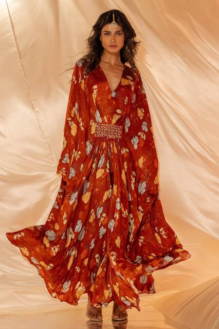 Label Shristi Chetani_Rust Embroidery V-neck Kaftan Dress_Online_at_Aza_Fashions
