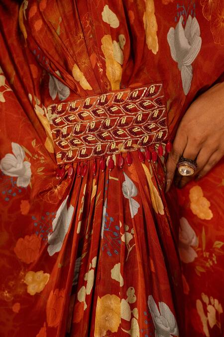 Buy_Label Shristi Chetani_Rust Embroidery V-neck Kaftan Dress_Online_at_Aza_Fashions